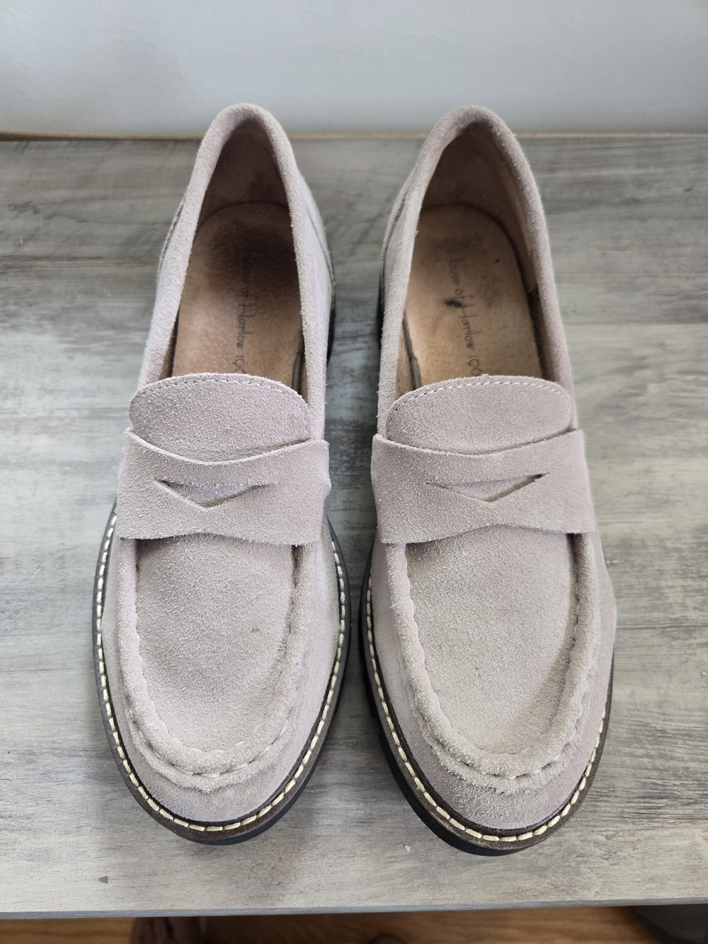 House of Harlow 1960 Suede Penny Loafers in Light Taupe